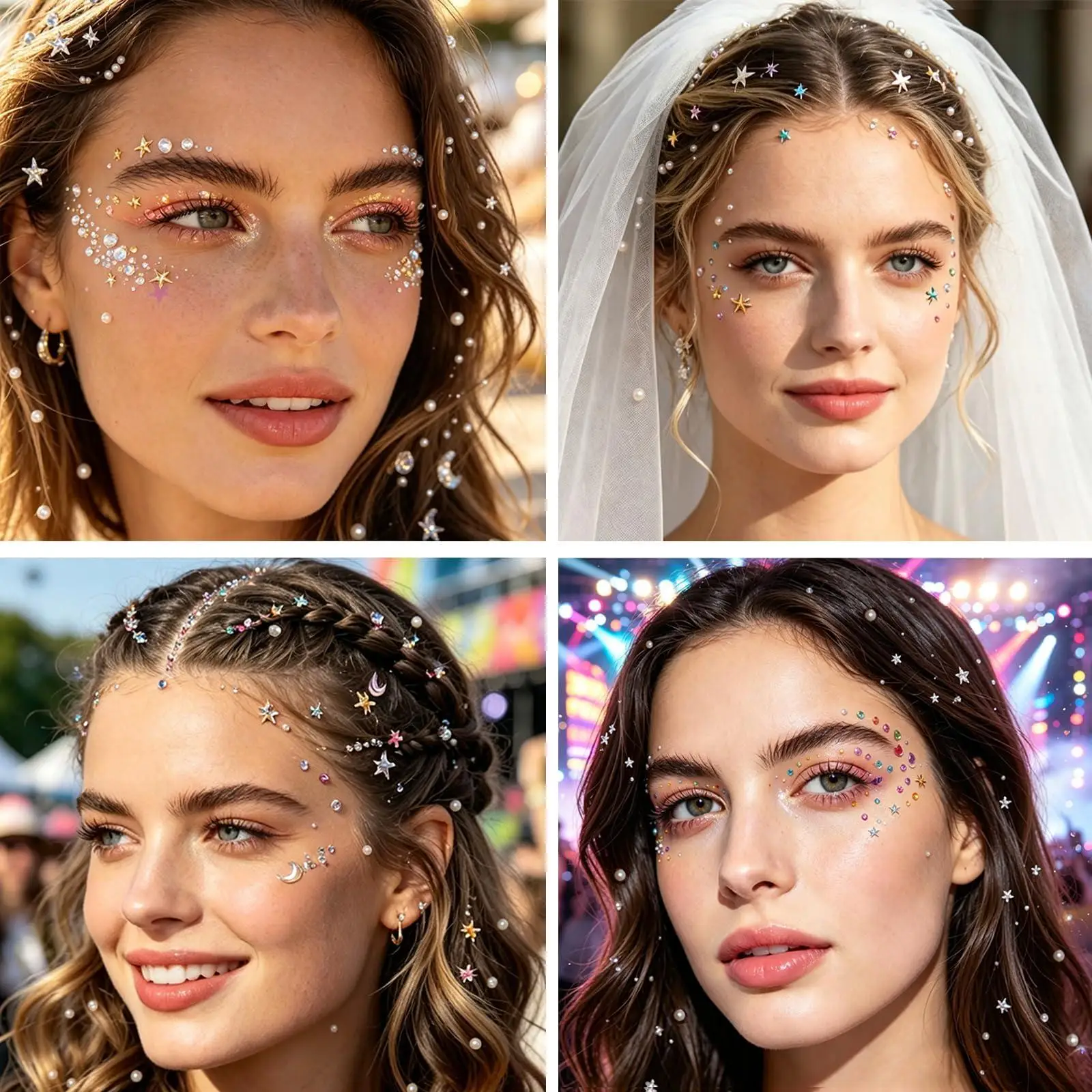 1/5 Sheets Multicolor Round Moon Star Face Gems Jewels Self-Adhesive Glitter Rhinestone Stickers for Women Makeup Hair Eye body