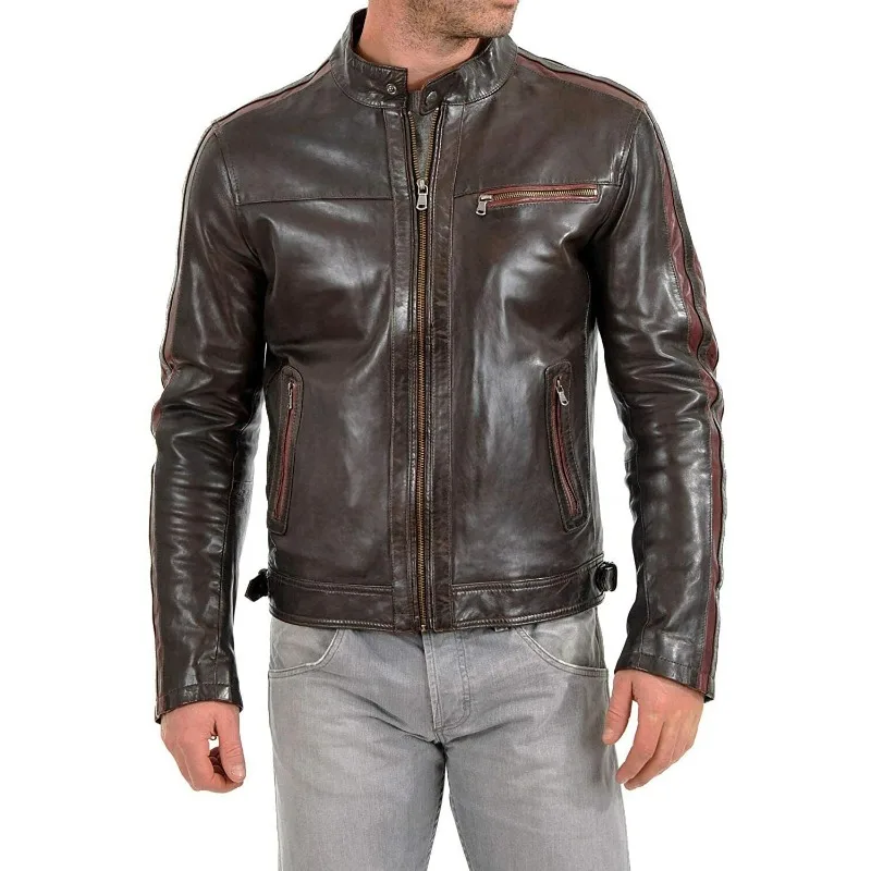 

NEW Men's Distressed Authentic Sheepskin Biker 100% Leather Jacket Strip Zipper