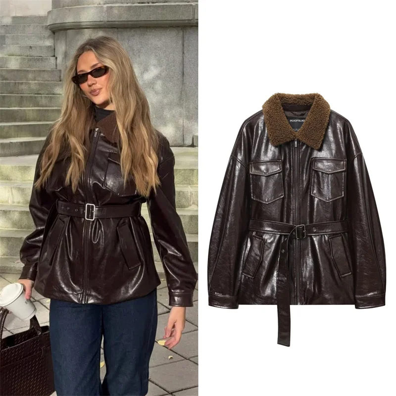 

Women's Jacket 2025 Autumn New Style Reddish-Brown Long-Sleeve Jacket with Faux Fur Collar and Leather-Like Effect Casual