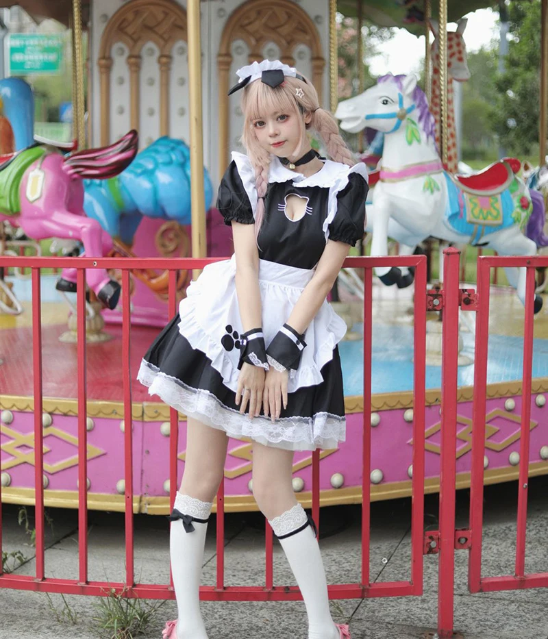 Lolita Maid French Maid Dress para Mulheres e Meninas, Amine Cosplay Costume, Cute Waitress, Black Party Stage Costumes, S-5XL Tamanhos