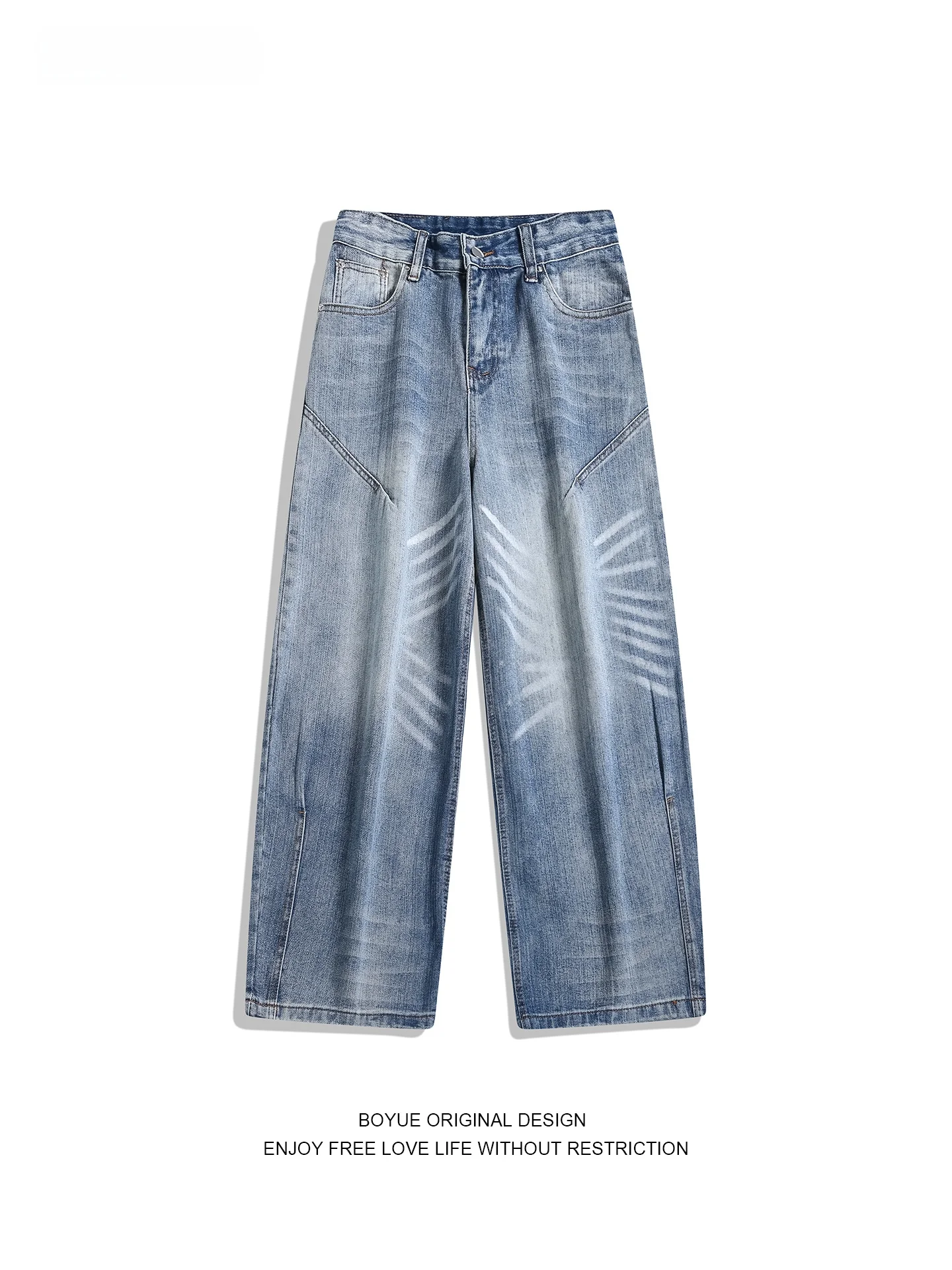 

Boyue American Sle Waed Denim Jeans Men Women Loose Straight Leg Casual Long Trousers Trendy Cotton Polyester Blend