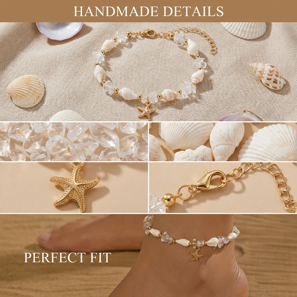 Boho Fußkettchen mit Muscheln für Frauen, Natürliche Kristallsteinperlen, Goldfarbener Seestern-Anhänger, Fußkette, Sommer-Strandschmuck, Geschenk – Detail 3