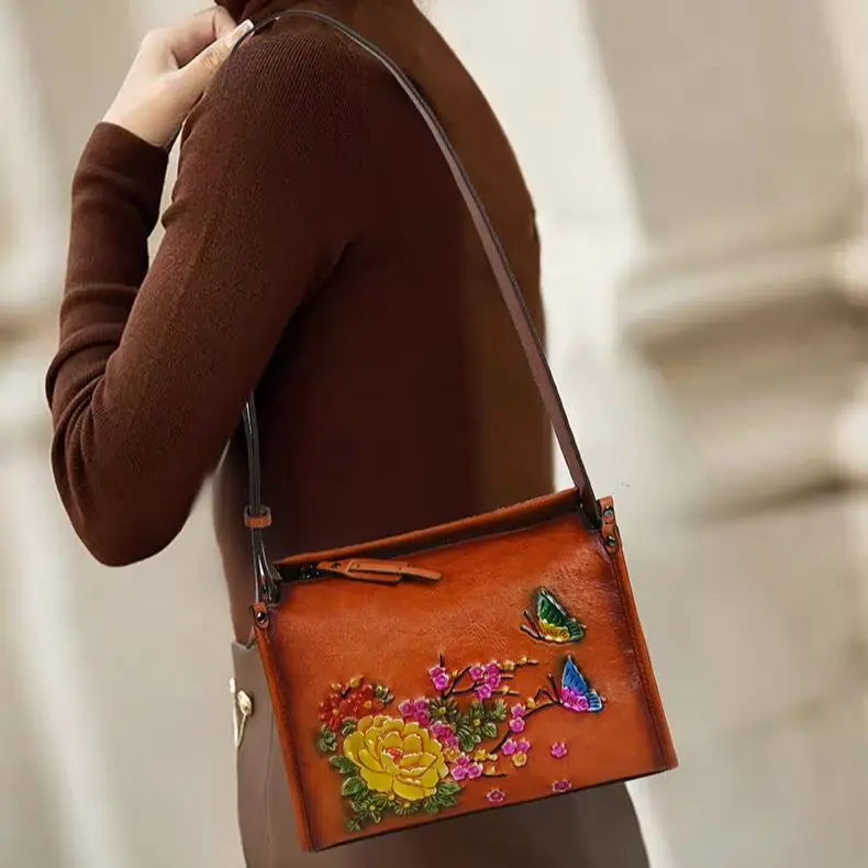 

Crossbody bag with ethnic style for women, square Chinese-style single-shoulder bag, retro top layer cowhide for women