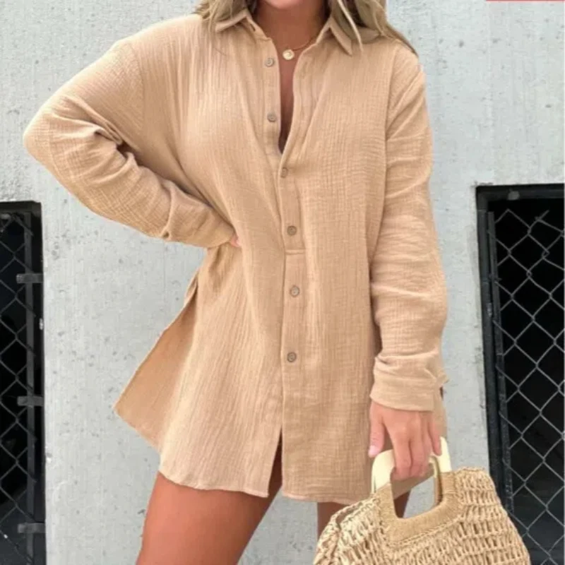 Women's Wrinkled Fabric Long Sleeved Shirt High Waisted Shorts Fashionable and Casual Two-piece Set New Style