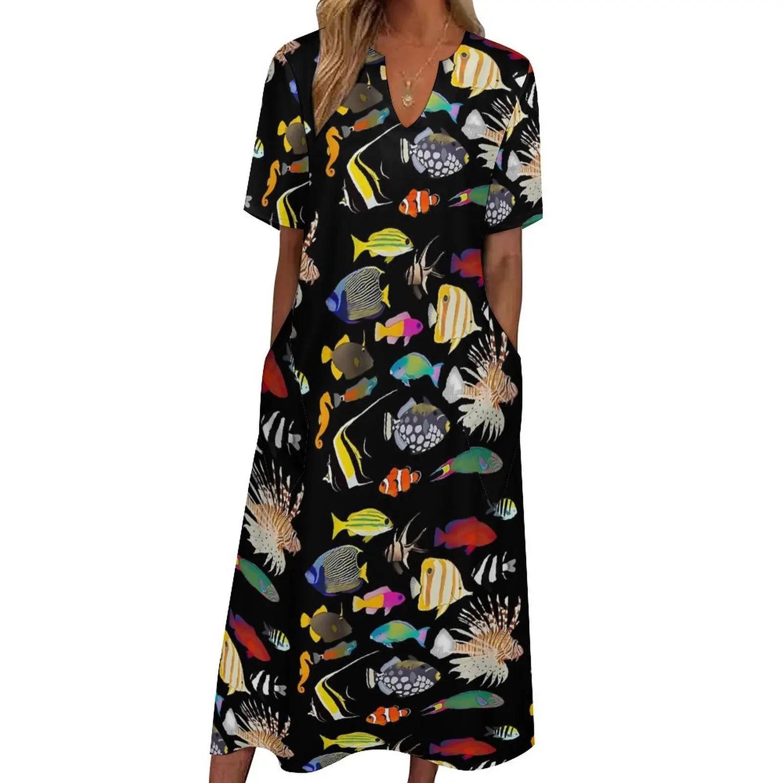 

Color Sea Fish Dress Coral Reef Fishes Cute Maxi Dress Fashion Casual Long Dresses Summer V Neck Graphic Vestido Big Size 5XL