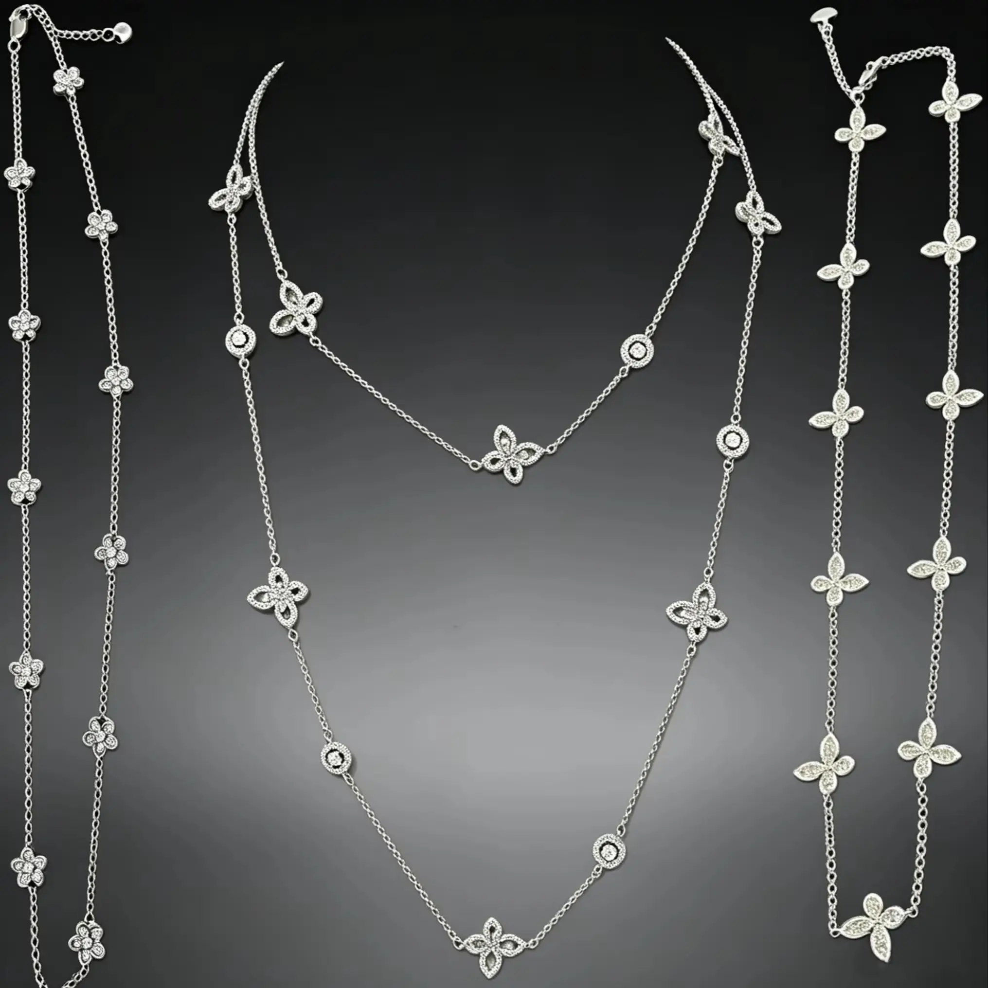 S925 Silver Butterfly Five leaf flower Women's Long Necklace 5A Sparkling Zircon Sweater Chain Wedding Party Fine Jewelry Gift