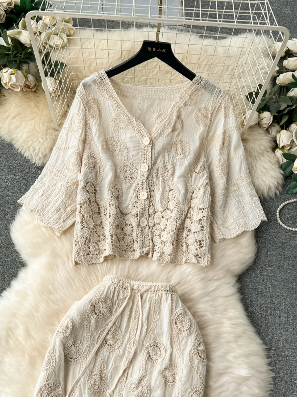 Women Vintage Sexy Hollow Out Knitted Skirts Suits Short Cardigan Tops A-Line Skirt Two Piece Sets Autumn Boho Beach Clothing