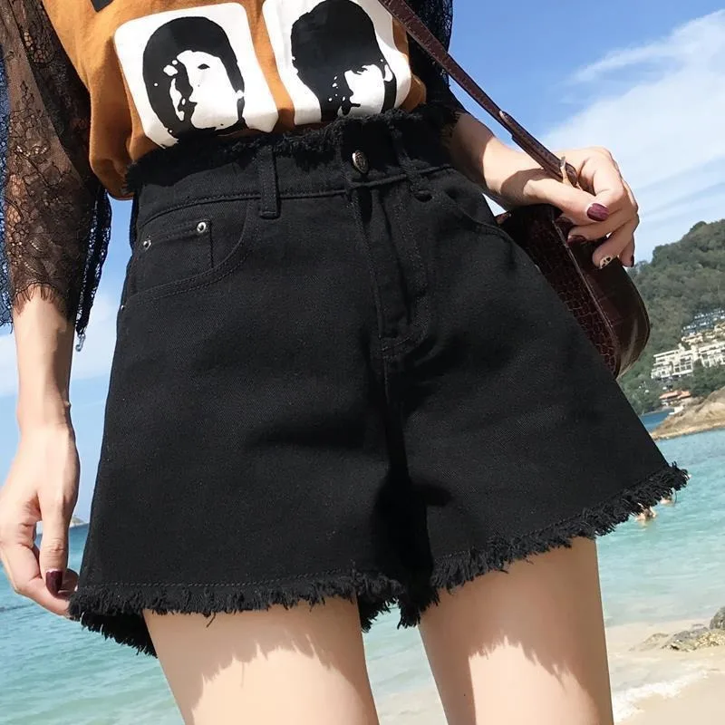 

Fashion Female High Waist Black Tassels Caual Shorts Girls Spring Summer Women Short Jeans Women Wide Leg Denim Shorts