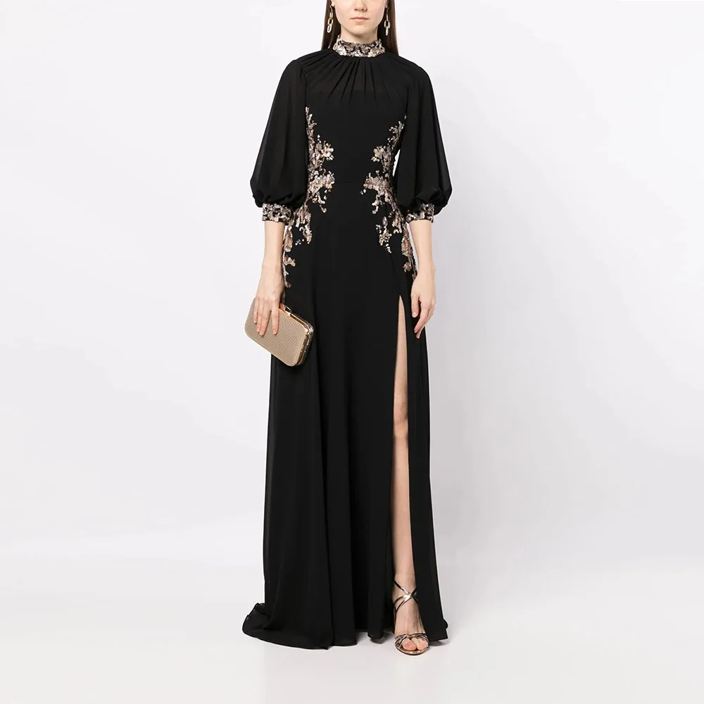 

Modern Black Women's Evening Gown A Line Floor Length Formal Party Dress 3/4 Sleeves Saudi Dress Appliques Slit Prom Dress