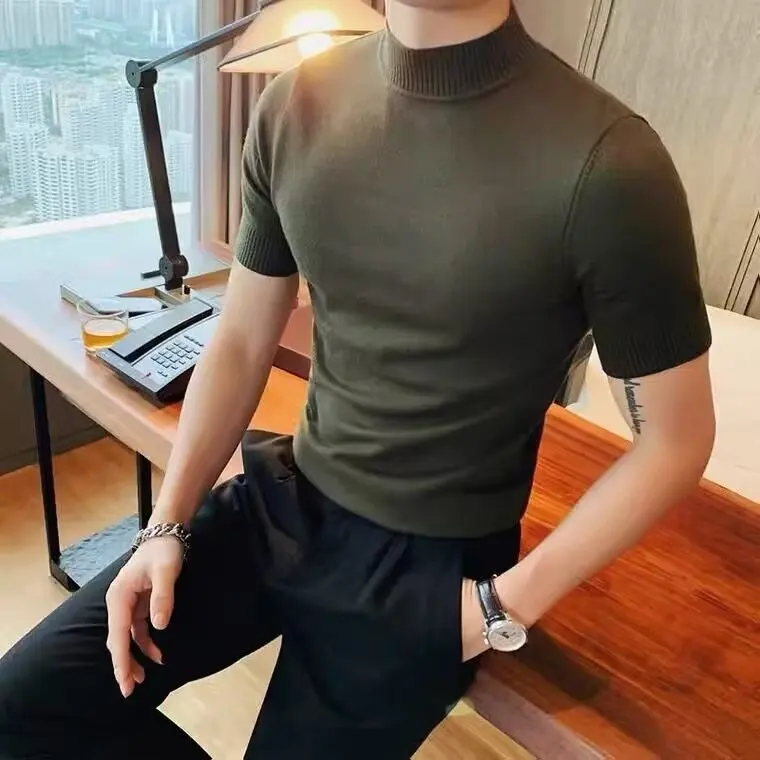 Half High Collar Men T-shirt New 2024 Spring Short Sleeve Solid Color Sweater Pullover T Shirt Slim Knitted Tees Top