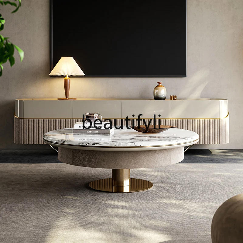 Light luxury coffee table TV cabinet combination living room modern simple high-end custom natural luxury stone round