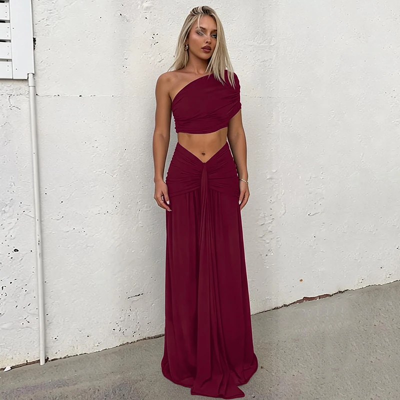Hugcitar Modische geraffte 2-teilige Sets mit schrägem Kragen, sexy Crop-Tank-Top, Patchwork, plissierter Maxirock, weibliche Strand- und Urlaubsoutfits – Detail 18