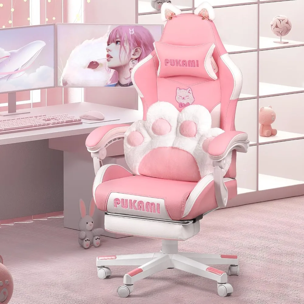 Pink Gaming Chair with Cat Ears and Cat Paw Cushion Pillow,Cute Computer Chair for Girl with Footrest,Ergonomic Gamer Chair