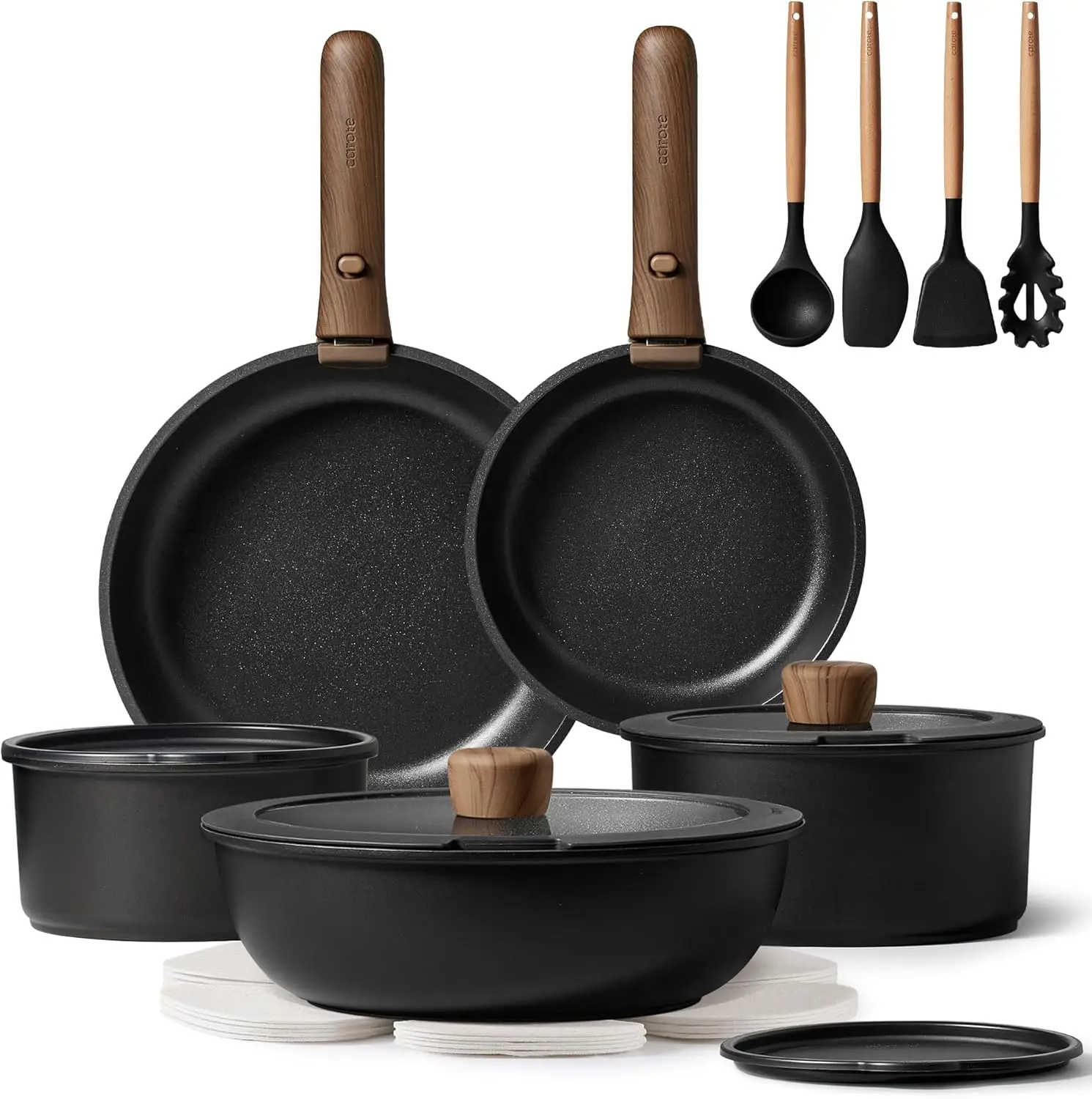 

19-Piece Non-Stick Cookware Set with Detachable Handles, Induction Compatible, Oven/Dishwasher/Fridge Safe for Space Saving