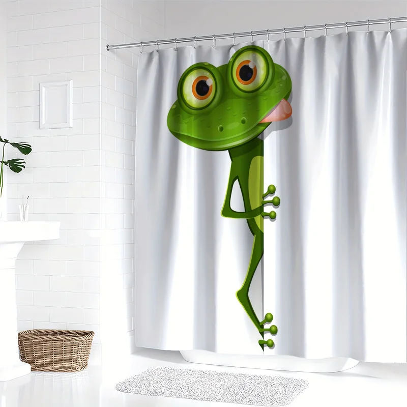 YWJHUI Cute Cartoon Green Frog Digital Print Shower Curtain, Water-Resistant Polyester Bath Decor with Hooks, Machine Washable,