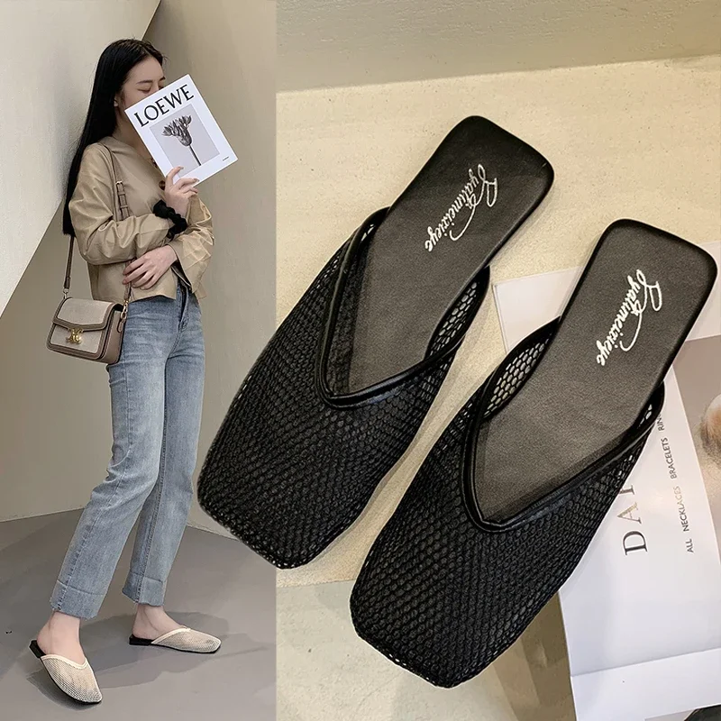 Women\'s Summer Home Slippers Mujer 2022 New Hollow and Breathable Mesh Flat Shoes Square Toe Flat Heel Casual Sandals Women