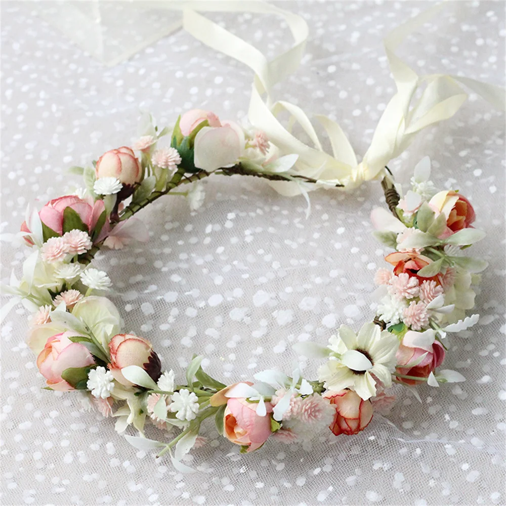 1pc Floral Crown Rose Hairband Bridal Wreath Seaside Vacation Travel Flower Headband Women Girl Festival Party Wedding Garland