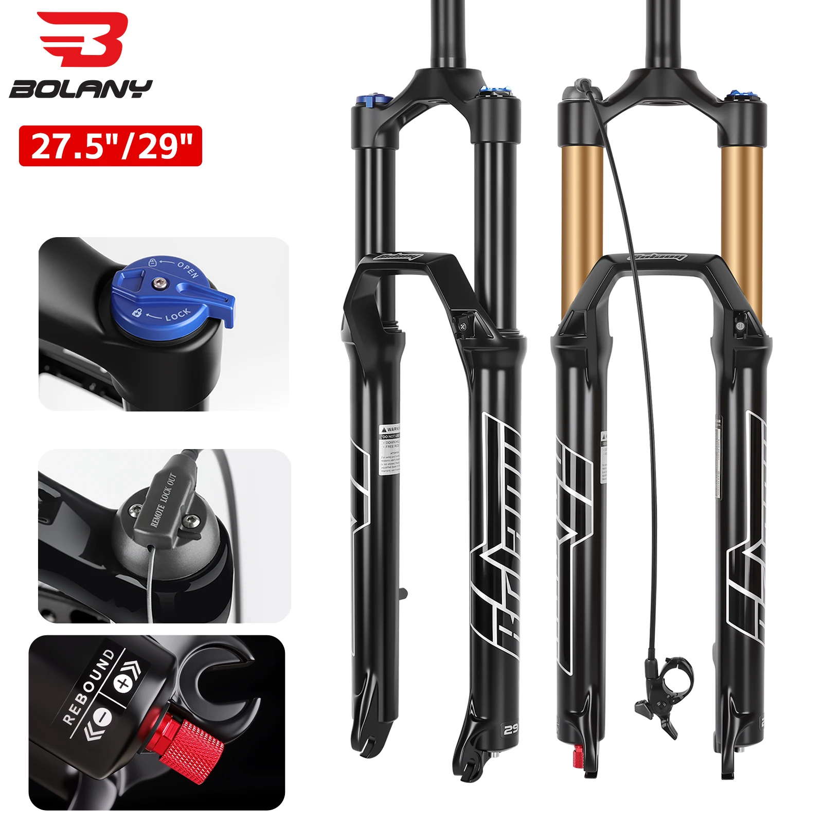 BOLANY 27,5 29er horquilla de aire suspensión de bicicleta 9x100mm MTB bicicleta amortiguador delantero 34mm horquilla de tubo Inter rebote de amortiguación ajustable