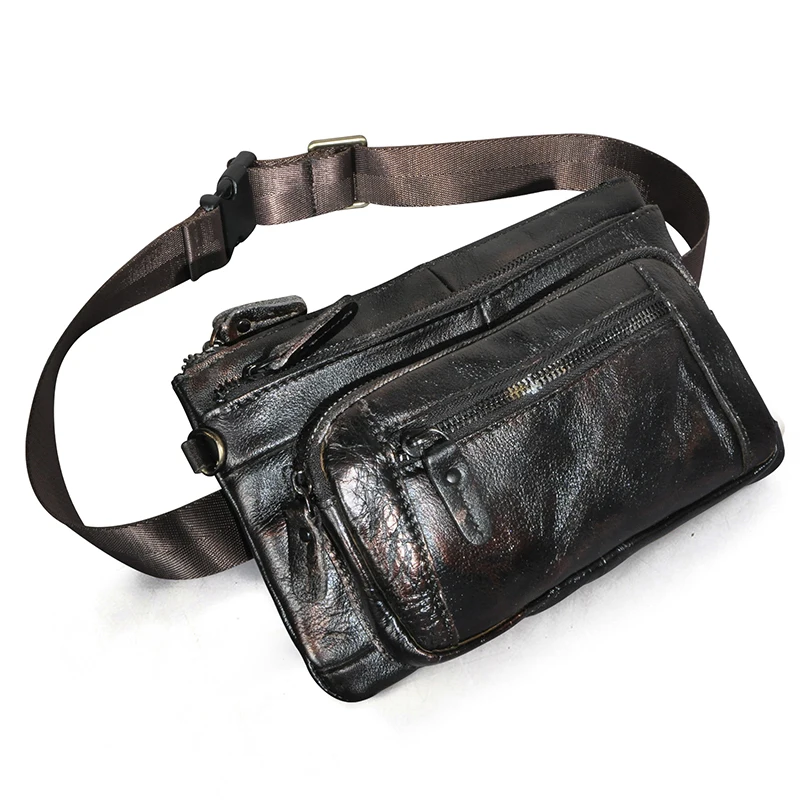 Original Genuine Leather men Coffee Retro Travel Waist Belt Bag Chest Pack Sling Bag Design 8\