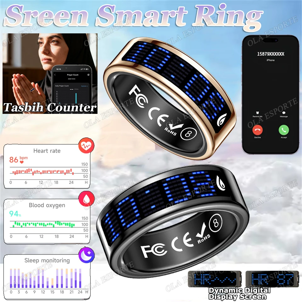 Call ID Reminder Smart Ring Display Screen Touch,Tasbih Counter,Health Manager,5ATM Waterproof Multiple Sport Mode MenWomen HT30