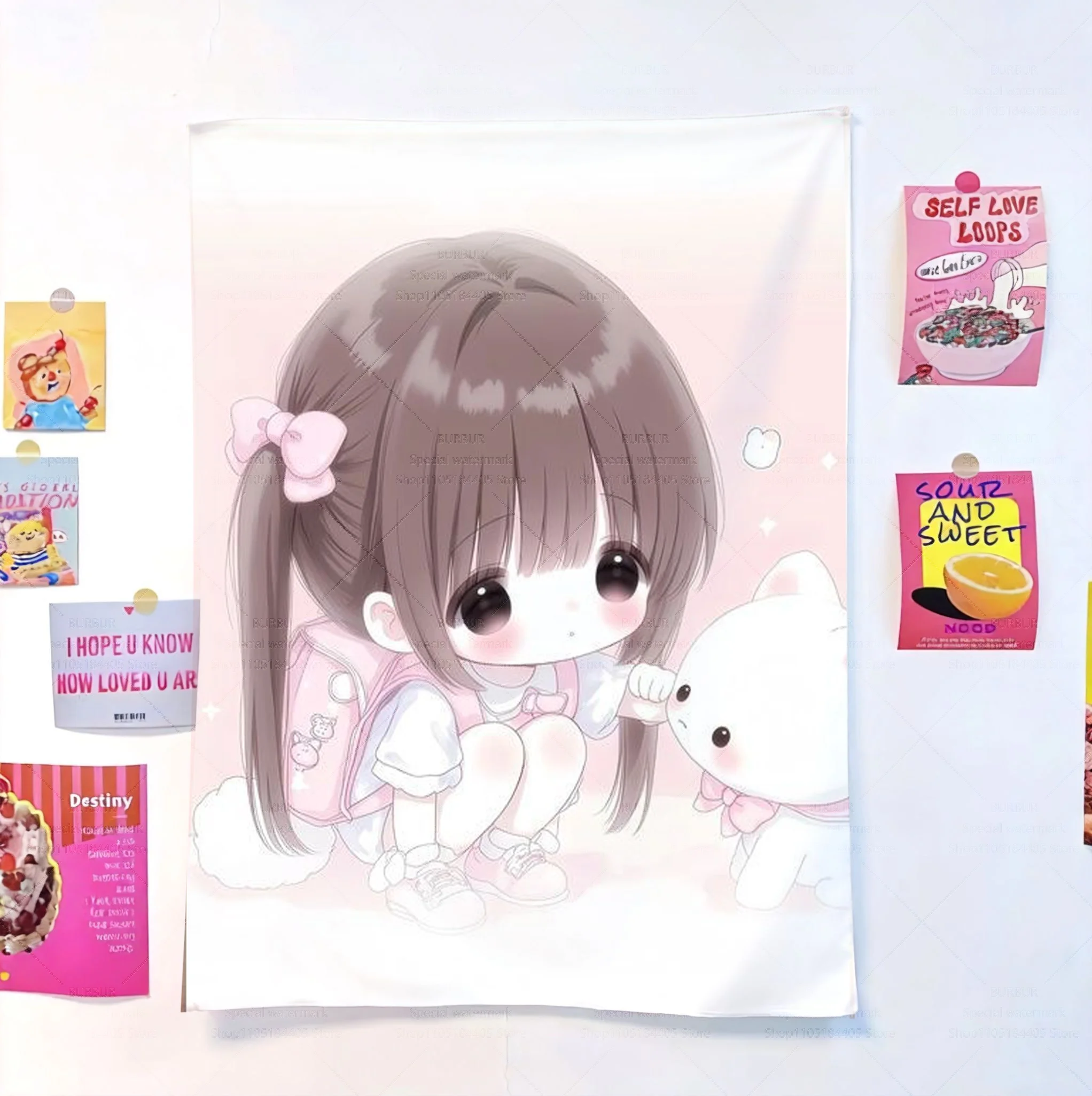 Cartoonischer süßer Mädchen-Kawaii-Wandteppich im klassischen Stil zum Aufhängen an 2D-Wand. Niedlicher Wandteppich für die Inneneinrichtung. Hängender Stoff.