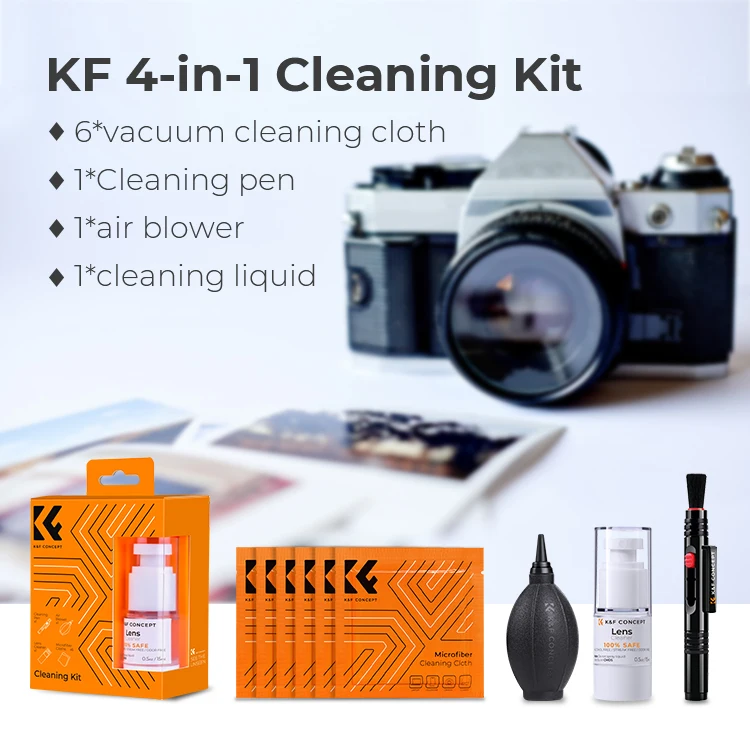 K & F 4in1แนวคิดชุดทำความสะอาดกล้อง DSLR เลนส์เครื่องเป่าฝุ่นทำความสะอาดไมโครไฟเบอร์ผ้าทำความสะอาดน้ำยาทำความสะอาดเลนส์