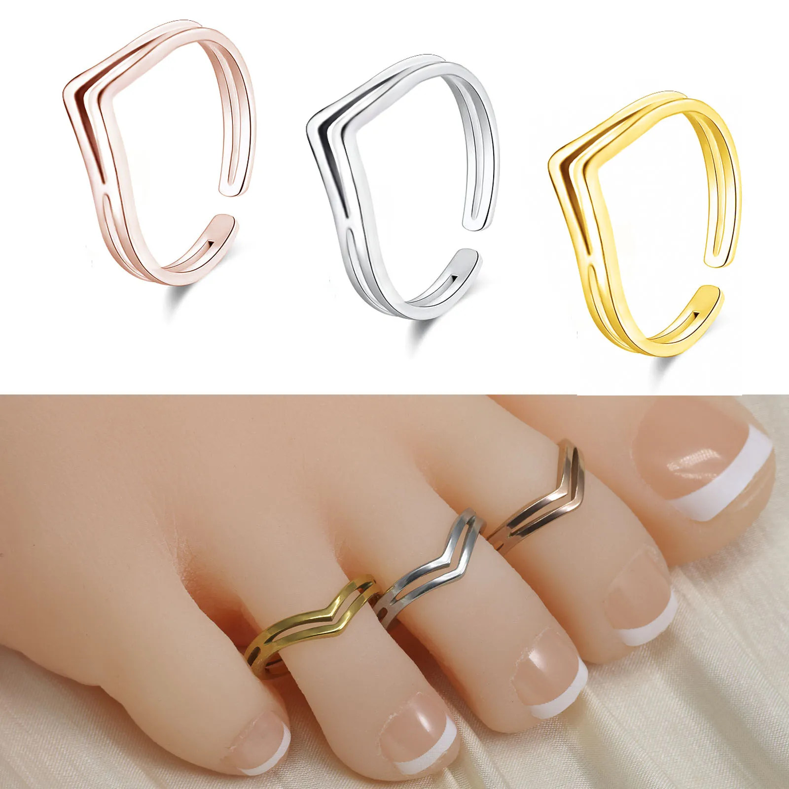 1pc/3pcs Summer Toe Rings For Women Outdoor Beach Vacation Open Adjustable Stainless steel Women's Foot Heart Double V Foot Set