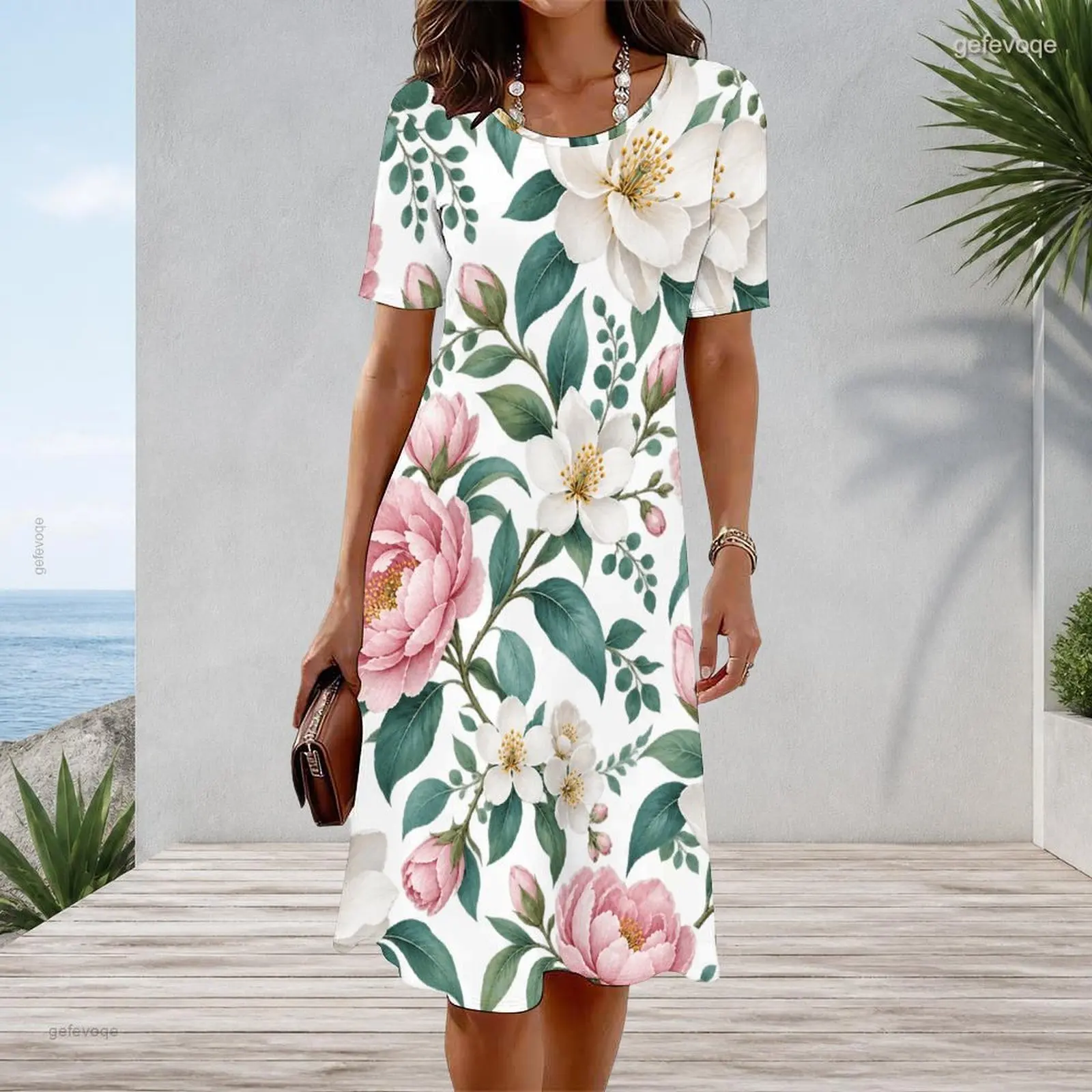 Women Round Neck Short Sleeve A Line Dress, Pink Peony White Flower Green Leaf Floral Print