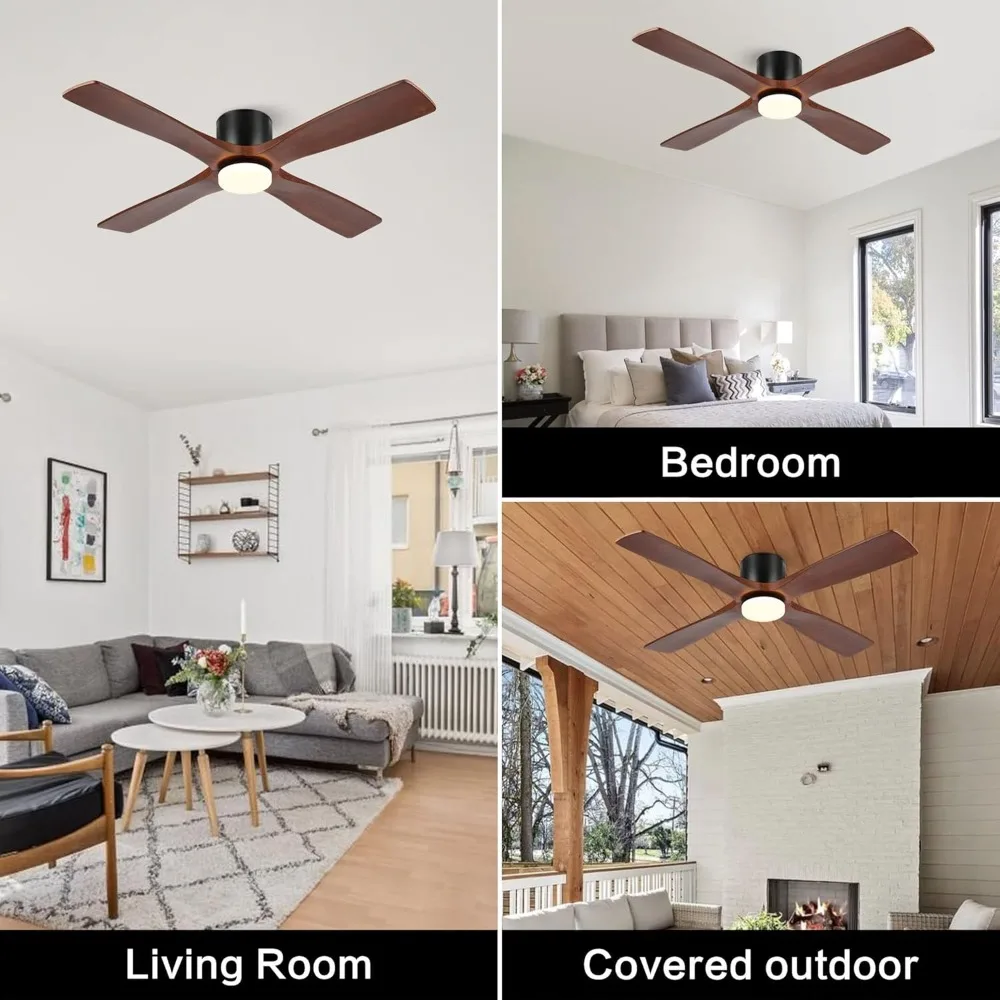 54 Inch Flush Mount Ceiling Fan with Lights and Remote, 4 Reversible Carved Wood Blades, 6-Speed Noiseless Motor