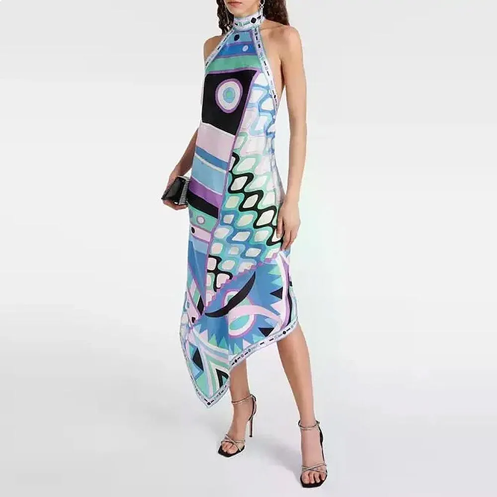 Geometric Print Halter Neck Dress Summer Dresses for Women Casual Jumpsuit Playsuit Matching Set