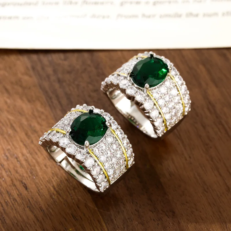 Classic Full Diamond Emeralds Ladies Ring Copper Encrusted Zircon Luxurious Temperament Trend Party Vintage