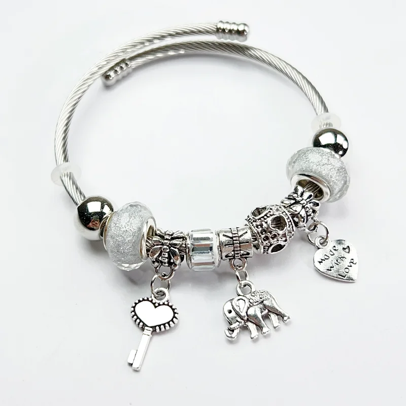 Adjustable Silver Color Alloy Elephant Heart Pendant Artificial Zircon Bangle Round Bead Bracelet Cuff for Women Elegant Wedding