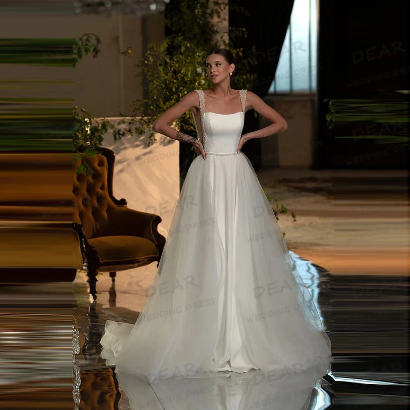 

Simple Wedding Dresses Woman A Line Boat Neck Sleeveless Sequined Bridal Gowns Formal Vestido De Novia Customized Robe De Mariée