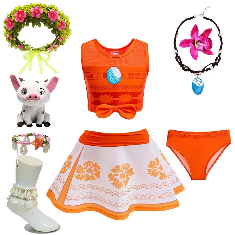 3Pcs/Set New Arrive Girls Princess Moana Swimsuit Children's Vintage Print Holiday Beach Party Swimwear Baby Bikini Swimsuits