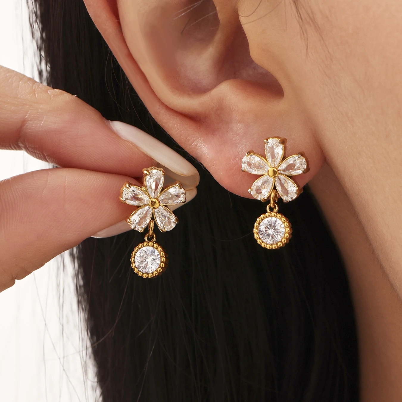 

Ourfuno Romantic Cubic Zirconia Flower Stud Earrings For Women Stainless Steel Party Wedding Earrings Fashion Jewelry Girls Gift