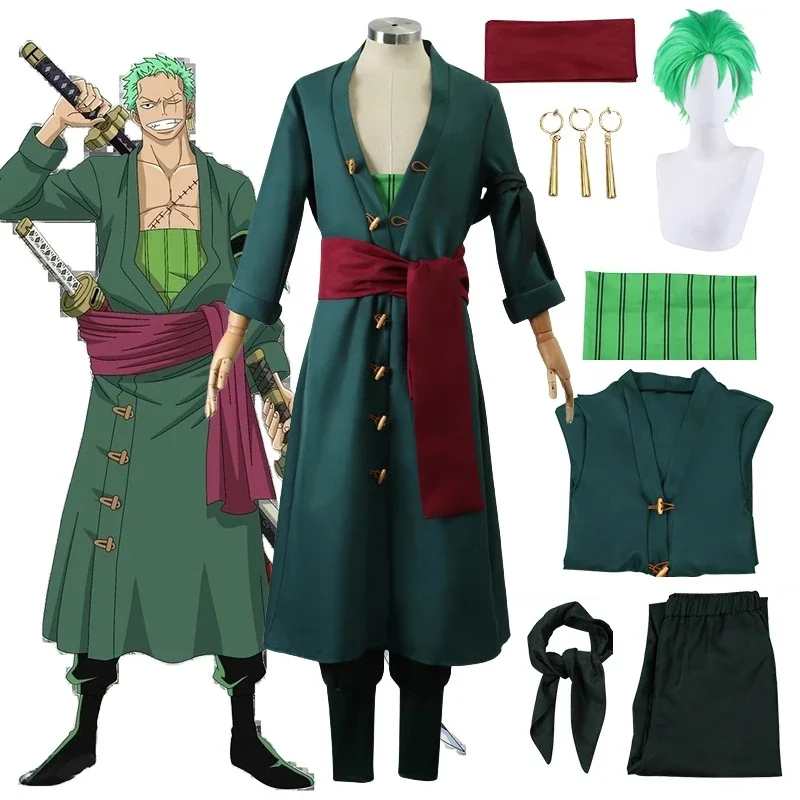 

Roronoa Zoro Cosplay Wig Anime Zoro Roronoa Kostum Cosplay Costume Wig Coat Pants Green Kimono Halloween Costumes Men Women