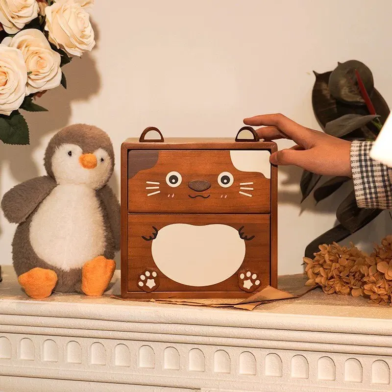 Creative and Cute Storage Box Solid Wood Cartoon Jewelry Box Cosmetics Storage Box Children's Birthday Gift Home Desktop Decor