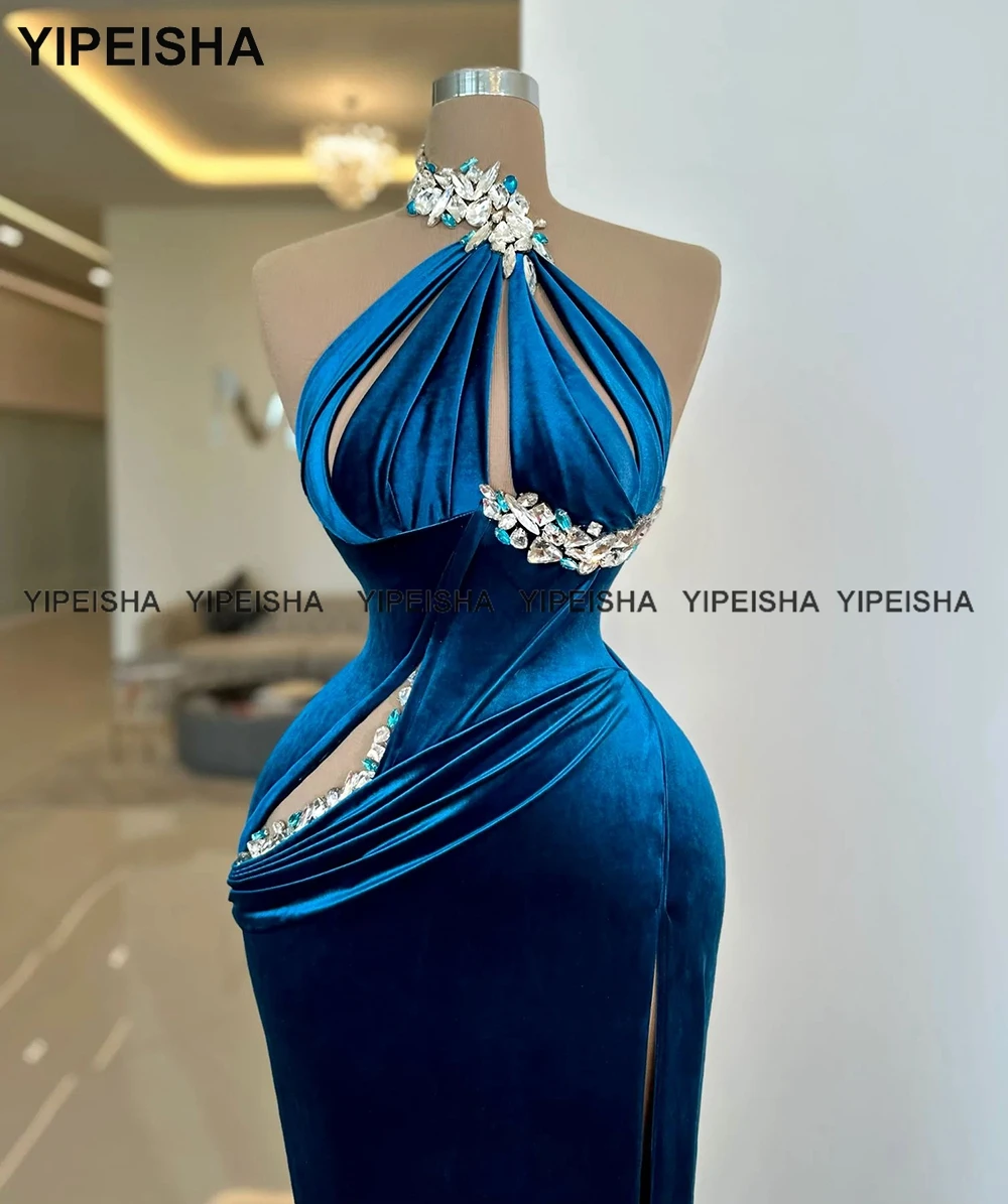 Yipeisha กำมะหยี่สีฟ้าชุดออกงานกลางคืน Mermaid Beaded Velour ประกวดชุดสูงแยกปาร์ตี้ Putfit