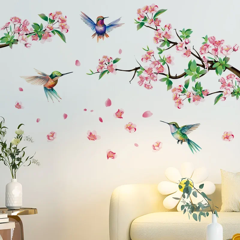 Tree Branches Pink Peach Blossoms Flowers Birds Wall Stickers For Bedrooms Living Rooms Background Walls Decorative