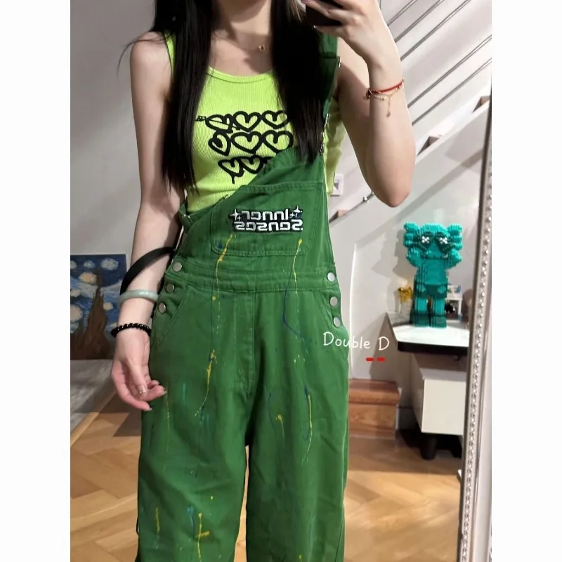 

Green Jean Jumpsuits Women New Vintage Baggy Denim Overalls Cute Straight Loose Wide-leg Pants Female