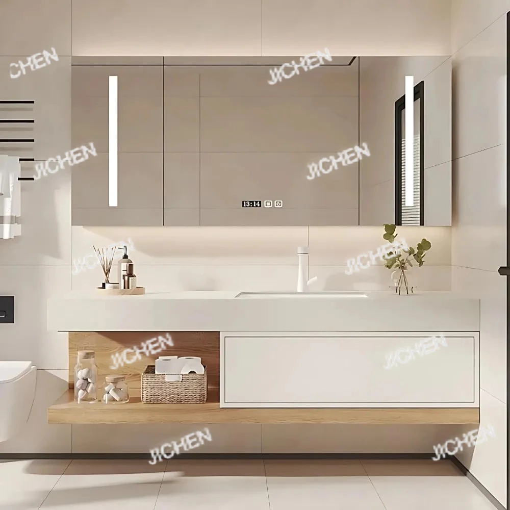 

Мебель для ванной комнаты, полный комплект туалетного столика с раковиной, современный шкаф для ванной комнаты и светодиодный интеллектуальный противотуманный зеркальный шкаф, большой набор для хранения