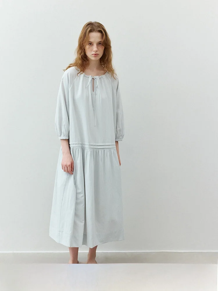 

Женское летнее платье миди свободного кроя с круглым вырезом, новинка, с боковым разрезом, рукавами, из смесового хлопка и льна, повседневное, А-силуэт