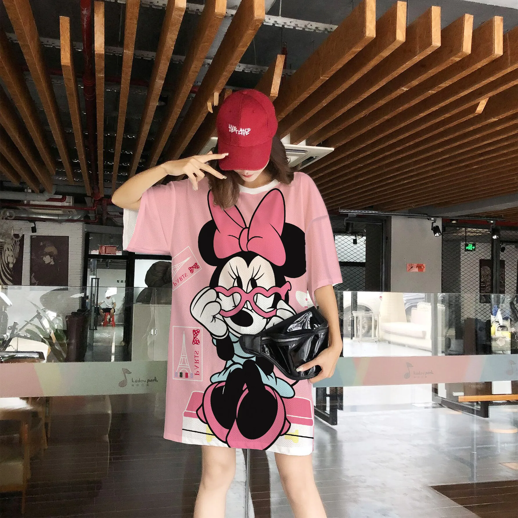 Disney Women Minnie Pajamas Nightdress Summer Loose Homewear Pajamas Midi Skirt Girl Short Sleeve T-Shirt Mesh Quick Dry Clothes