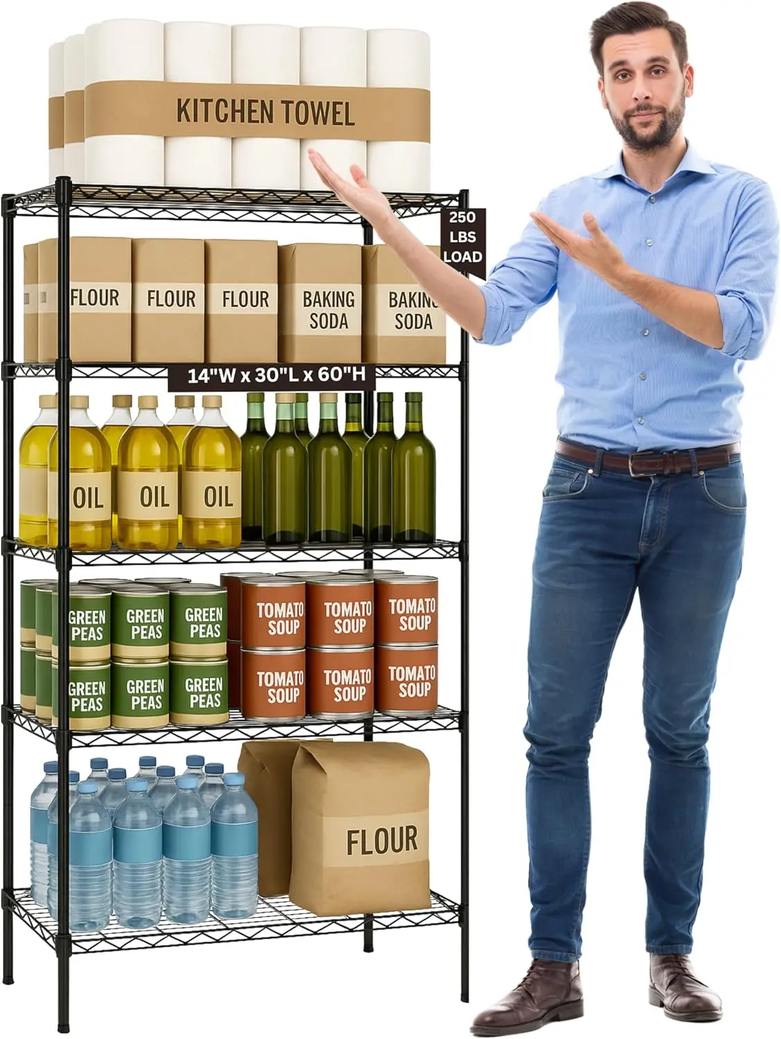 

5-Tier Wire Shelving Unit, Heavy Duty Metal Storage Rack, 14'W x 30'L x 60'H, Black