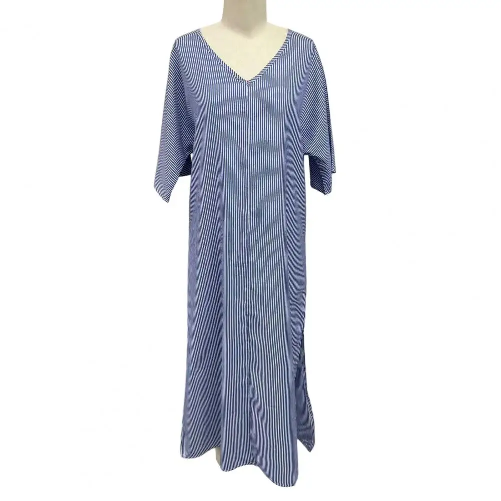 2026 Spring Autumn V-Neck Striped Contrasting Trumpet Sleeves Maxi Dress Ethnic Loose Print Vacation Long Dresses Women's New