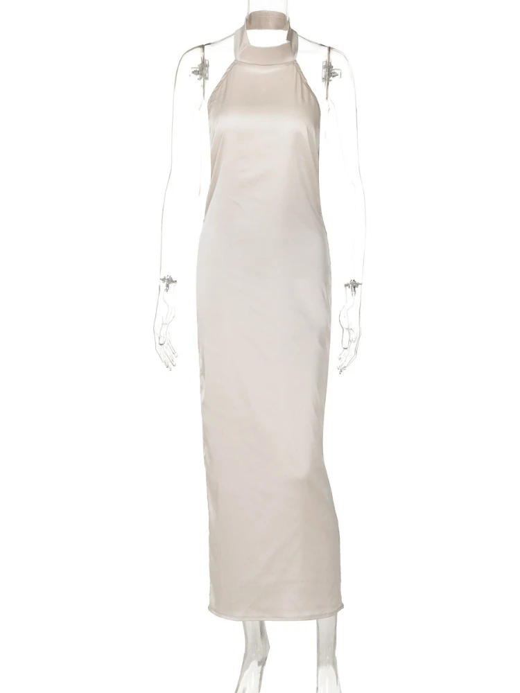 2025 ฤดูร้อนHalterคอBacklessซาตินชุดยาวผู้หญิงเซ็กซี่ปิดไหล่Backless Solid Partyชุดราตรี
