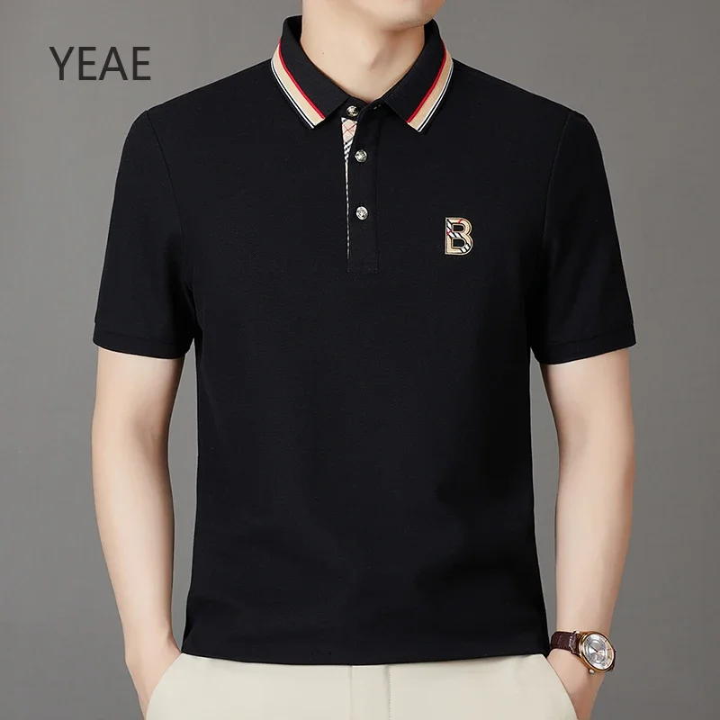 

Повседневные деловые хлопковые мужские футболки с лацканами, одежда люксовых брендов, лето 2025, новая изысканная футболка с вышивкой, мужские топы