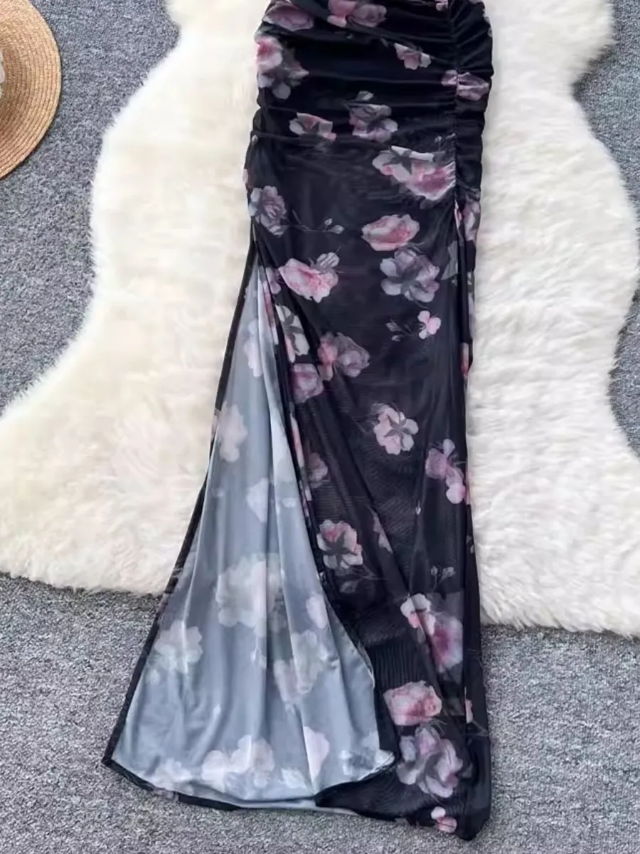 Foamlina 꽃 메쉬 v 넥 프릴 홀터 드레스 여성 여름 프랑스 휴가 Boho 스플 라이스 허리 미디 드레스 해변 해변