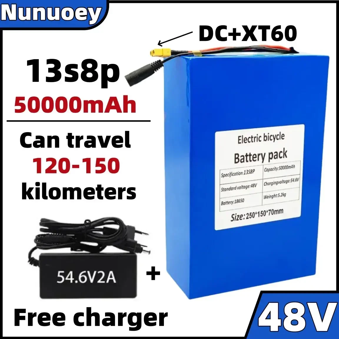 

Free Shipping 48V 50000mAh Battery 18650 13S8P Lithium Battery Pack 1000W Electric Bicycle Battery Built-in 50A BMS with Charger