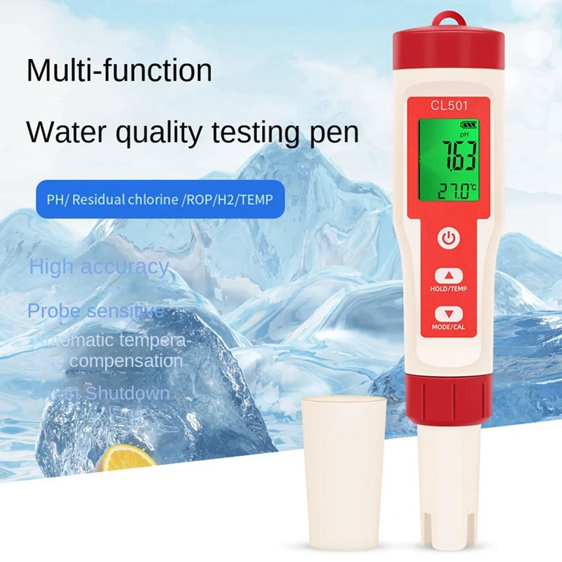 Hot 5 In 1 Water Quality Detection Pen PH/ Residual Chlorine/ Hydrogen/ ORP/ Temperature Portable Multifunctional Test Pen